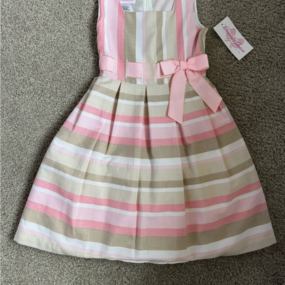 Bonnie Jean Pink, Tan & White Striped Bow-Accent Dress